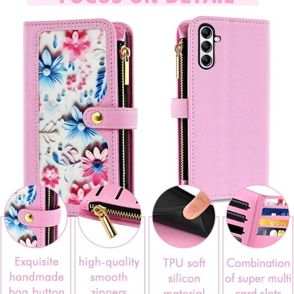 Samsung Galaxy A14 M14 5G Wallet Case Floral Wristlet Pink Card Holder Phone FC1 - Picture 4 of 8